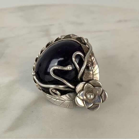 Sterling Silver Ring Black Onyx Floral Roots Sz 6.5 Vtg Witchy Dark Fairy Gothic - Picture 5 of 12